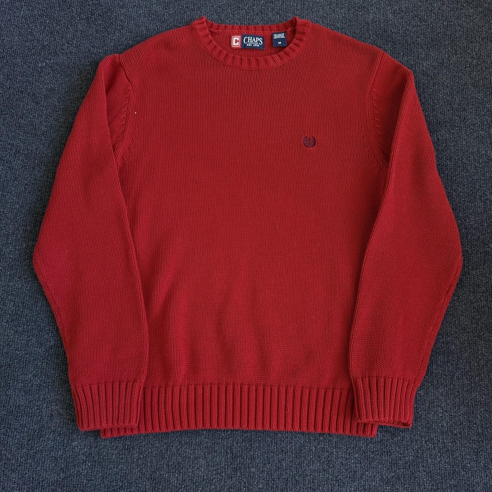 Chaps Sweater Mens Medium Red Cotton Crewneck Tight-Knit Logo Classic Pullover